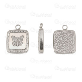 1720-2110-552 - Animal Stainless Steel Charm Square Carved Butterfly 16x12x3mm White Shell Filling with Loop Natural 5pcs 1720-2110-552,nacre,montreal, quebec, canada, beads, wholesale