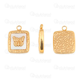 1720-2110-552GL - Animal Stainless Steel Charm Square Carved Butterfly 16x12x3mm White Shell Filling with Loop Gold 5pcs 1720-2110-552GL,nacre,montreal, quebec, canada, beads, wholesale