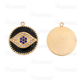 1720-2112-46GL - Spiritual Stainless Steel 304 Charm Evil Eye Round 18.5x16x2mm Black Filling with Crystal-Cobalt Rhinestone and Loop 2.5mm Gold Plated 4pcs 1720-2112-46GL,Black stainless,montreal, quebec, canada, beads, wholesale