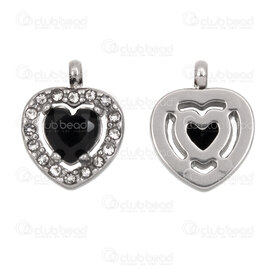 1720-2114-342 - Heart Stainless Steel Charm Heart 12.5x10x3.5mm with Jet Cubic Zircon Line and Loop Natural 5pcs 1720-2114-342,jai,montreal, quebec, canada, beads, wholesale