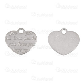1720-2114-40 - Heart Stainless Steel Charm Heart 12x14x1mm Inscription "love you" with Loop Natural 20pcs 1720-2114-40,Pendants,montreal, quebec, canada, beads, wholesale