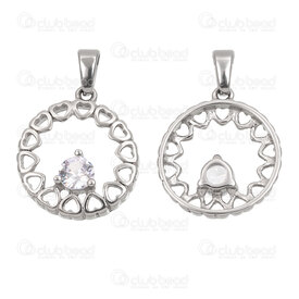 1720-4020 - Stainless Steel Pendant Circle 20x17.5x4mm with Heart Design Crystal Cubic Zircon and Bail Natural 2pcs 1720-4020,Pendentif de Cristal,montreal, quebec, canada, beads, wholesale