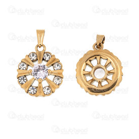 1720-4042-GL - Acier Inoxydable 204 Pendentif Rond Fantaisie 19.5x16.5x6.5mm avec Zircon Cubique Cristal et Beliere Plaque Or 1pc 1720-4042-GL,pendentif acier rond,montreal, quebec, canada, beads, wholesale