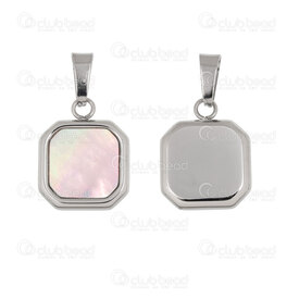 1720-4044 - Stainless Steel 304 Pendant Square 19.5x15x4mm with Shell Filling and Bail Natural 1pc 1720-4044,Fil carre,montreal, quebec, canada, beads, wholesale