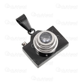 1720-4046-BK - Stainless Steel 304 Pendant Camera 19x19.5x11mm with Crystal Cubic Zircon and Bail Natural-Black 1pc 1720-4046-BK,Stainless steel pendant,montreal, quebec, canada, beads, wholesale