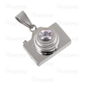1720-4046 - Stainless Steel 304 Pendant Camera 19x19.5x11mm with Crystal Cubic Zircon and Bail Natural 1pc 1720-4046,Crystal,montreal, quebec, canada, beads, wholesale