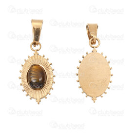 1720-4051-7-4GL - Acier Inoxydable 304 Pendentif Oval 22x12.5x4.5mm avec Pierre Œil de Tigre Motif Point et Beliere Plaque Or 3pcs 1720-4051-7-4GL,dox,montreal, quebec, canada, beads, wholesale