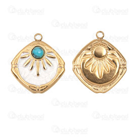 1720-4070-GL - Stainless Steel 304 Pendant Square 21x18.5x2.5mm Sun Design with Blue Turquoise Stone and White Enamel with Loop Gold Plated 4pcs 1720-4070-GL,en,montreal, quebec, canada, beads, wholesale