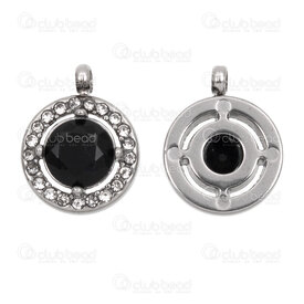 1720-4705-02 - Stainless Steel Charm Round 13x10.5x4mm with Jet Cubic Zircon Line and Loop Natural 5pcs 1720-4705-02,j'ai,montreal, quebec, canada, beads, wholesale
