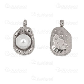 1720-4726 - Stainless Steel Charm Oval Fantasy 14x9x7mm with White Pearl Glass Bead and Loop Natural 5pcs 1720-4726,Charms,montreal, quebec, canada, beads, wholesale