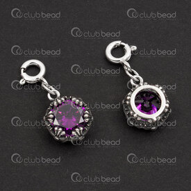 1754-1020-22OX - Sterling Silver Pendant Round Purple Zirconium Stone 12.5x9.5x5.5mm wth Fancy Design Soldered Ring and Spring Clasp 6mm Oxydised 1pc 1754-1020-22OX,SP.FAN,montreal, quebec, canada, beads, wholesale