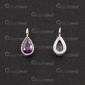 1754-1021-20PL - Sterling Silver Charm Drop 9x4x2mm with Amethyst Cubic Zirconium Stone and 1.5mm loop 2pcs 1754-1021-20PL,cubique zirconium,montreal, quebec, canada, beads, wholesale