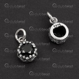 1754-1021-24OXBK - Sterling Silver Charm Round 10x7x4.5mm with Black Cubic Zirconium Stone and 5mm soldered Ring Oxidised 1pc 1754-1021-24OXBK,anneaux noir,montreal, quebec, canada, beads, wholesale