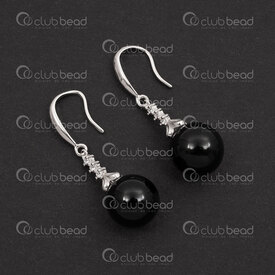 1754-1027-152 - Sterling Silver Earring Hook 14x0.7mm with Crystal Rhinestone Design and 10mm Round Black Agate 2pcs (1pair) 1754-1027-152,Sterling silver,montreal, quebec, canada, beads, wholesale