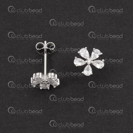 1754-1027-18 - Sterling Silver Earring Stud 13x0.7mm Flower with Crystal Cubic Zirconium and Clutch 2pcs (1pair) 1754-1027-18,Clou boucles d,montreal, quebec, canada, beads, wholesale