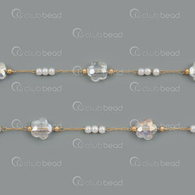 2602-5405-8GL - Stainless Steel 304 Cable Chain 0.9x2.5x0.3mm Soldered with Crystal Gass Flower 8x8x4mm and White Acrylic Bead 3mm and 2mm Bead Gold Plated 5m Roll 2602-5405-8GL,chaîne forçat,montreal, quebec, canada, beads, wholesale