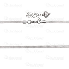2604-1316-3.0X - Acier Inoxydable 304 Chaine Serpent Plat 3x0.4mm Collier 40cm (15.5po) avec Chaine de Rallonge 55mm et Breoque Coeur 3D 11x9x4mm Naturel 6pcs 2604-1316-3.0X,Chaînes,Par styles,Serpent,montreal, quebec, canada, beads, wholesale