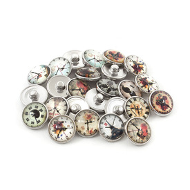 4005-0121-MIX002 - Metal with Picture and Glass Cabochon Interchangeable Fastener Round Clock 18MM Mix Nickel 1pc  Off Price Policy 4005-0121-MIX002,Findings,Buttons,Snap,montreal, quebec, canada, beads, wholesale