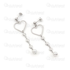 4007-0102-152 - Stainless steel earring Heart 19.5mm Hollow 5.5mm Plain (3) and Imitation pearl 7mm white on chain natural 1 pair 4007-0102-152,Finished jewelry,montreal, quebec, canada, beads, wholesale