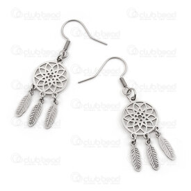 4007-0102-204 - Stainless Steel Earring Dream Catcher 32x14mm Natural 1pair 4007-0102-204,Finished jewelry,montreal, quebec, canada, beads, wholesale