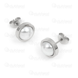 4007-0102-272 - Stainless Steel Earring Stud Round With White Pearl 5x10mm Natural 4pcs (2pair) 4007-0102-272,perles dores,montreal, quebec, canada, beads, wholesale
