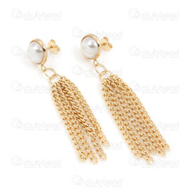 4007-0102-314GL - Stainless Steel 304 Earring Stud Half Acrylic Pearl White Round 11.5mm with Curb Chain Tassel 3mm Full Length 65mm Gold Plated 1pair 4007-0102-314GL,Pampille,montreal, quebec, canada, beads, wholesale
