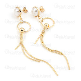 4007-0102-316GL - Stainless Steel 304 Earring Stud Half Acrylic Pearl White Round 11.5mm with 14mm Ring and Snake Chain Tassel 1.2mm and Bead 5x6mm Full Length 94mm Gold Plated 1 pair 4007-0102-316GL,chaine inox 2.5mm,montreal, quebec, canada, beads, wholesale