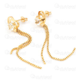 4007-0102-318GL - Stainless Steel 304 Earring Stud Double Heart 11x12.5mm with Cubic Zircon Crystal 6mm and Box Chain Tassel 1.2mm Full Length 65mm Gold Plated 1pair 4007-0102-318GL,chaine inox 2.5mm,montreal, quebec, canada, beads, wholesale