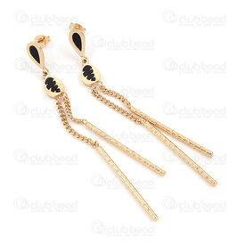 4007-0102-320GL - Stainless Steel 304 Earring Stud Leaf with Black Filling 12x7mm and Curb Chain Tassel 2.2mm with Ligned Rod Charm 34x2mm Full Length 88mm Gold Plated 1pair 4007-0102-320GL, acier inoxydable chaine,montreal, quebec, canada, beads, wholesale
