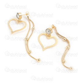 4007-0102-324GL - Stainless Steel 304 Earring Stud Stardust Hollow Heart 21.5x24mm and Cubic Zircon Crystal 8mm Clutch with Snake Chain Tassel 1.2mm and Bead 4mm Full Length 76mm Gold Plated 1 pair 4007-0102-324GL,Stainless steel,montreal, quebec, canada, beads, wholesale