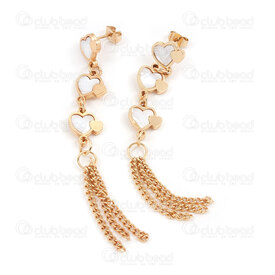 4007-0102-326GL - Stainless Steel 304 Earring Stud Double Heart with Shell Filling 10.5x10mm (x3) and Curb Chain Tassel 2.2mm Full Length 76mm Gold Plated 1pair 4007-0102-326GL,chaîne,montreal, quebec, canada, beads, wholesale