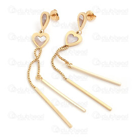4007-0102-328GL - Stainless Steel 304 Earring Stud Heart with Shell Filling 11x10.5mm and Box Chain Tassel 1.2mm with Rod Charm 30x1.5mm Full Length 84mm Gold Plated 1pair 4007-0102-328GL,coq,montreal, quebec, canada, beads, wholesale