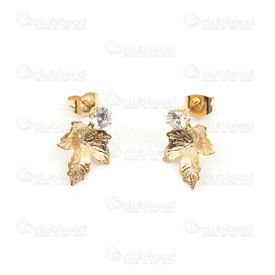 4007-0102-32GL - stainless steel ear ring maple leaf with rhonestone gold 1 pair 4007-0102-32GL,Clearance by Category,Glass Crystal,montreal, quebec, canada, beads, wholesale