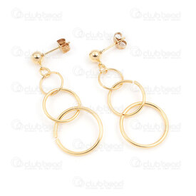 4007-0102-338GL - Acier Inoxydable 304 Boucle d'Oreille Tige a Boule 5mm Triple Anneau 10-14-18mm Longueur Pleine 47mm Plaque Or 1paire 4007-0102-338GL,PLEX,montreal, quebec, canada, beads, wholesale