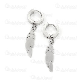 4007-0102-342 - Stainless Steel 304 Earring Leverback Hoop Round 13.5x4mm with Feather Charm 25x6.5x1mm Natural 6pcs (3pairs) 4007-0102-342,montreal, quebec, canada, beads, wholesale