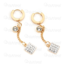 4007-0102-364GL - Stainless Steel 304 Earring Leverback Round 13x2.5mm with Round Crystal Cubic Zircon Charm 6mm and Square Charm 9mm with Curb Chain 2.2mm Full Length 54mm Gold Plated 2pcs (1pair) 4007-0102-364GL,9mm,montreal, quebec, canada, beads, wholesale