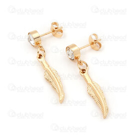 4007-0102-372GL - Stainless Steel 304 Earring Stud with Round Crystal Cubic Zircon 6mm and Leaf Charm 22x5x2.5mm Gold Plated 4pcs (2pairs) 4007-0102-372GL,plume or,montreal, quebec, canada, beads, wholesale