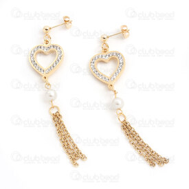 4007-0102-388GL - Stainless Steel 304 Earring Ball Stud 4mm with Hollow Heart Charm 20x17x3mm with Crystal Cubic Zircon White Acrylic Bead 6mm and Cable Chain 2x2.5mm Tassel Full Length 75mm Gold Plated 1pair 4007-0102-388GL,Chains,By styles,Cable,montreal, quebec, canada, beads, wholesale