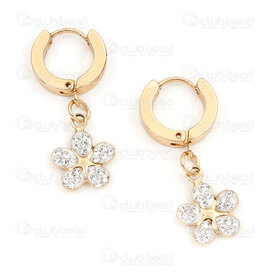 4007-0102-404GL - Stainless Steel 304 Earring Leverback Round 13.5x3mm with Flower Charm and Crystal Cubic Zircon Gold Plated 2pcs (1pairs) 4007-0102-404GL,fleur inox,montreal, quebec, canada, beads, wholesale
