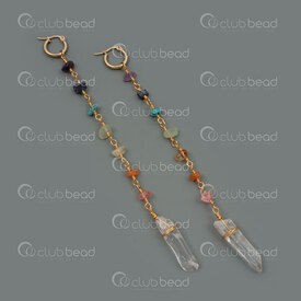 4007-0102-422GL - Stainless Steel 304 Earring Leverback Hoop with Wrapped Chakra Stone Chips and Crystal Quartz Charm Full Lengh 125mm (5.5in) Gold Plated 2pcs (1pair) 4007-0102-422GL,Quartz,montreal, quebec, canada, beads, wholesale