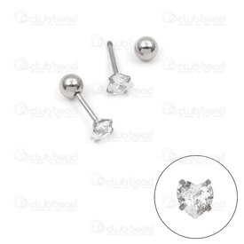 4007-0102-436 - Stainless Steel 304 Earring Stud Screw-On with Heart Crystal Cubic Zricon Natural 10pcs (5pairs) 4007-0102-436,montreal, quebec, canada, beads, wholesale