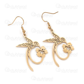 4007-0102-440GL - Stainless Steel 304 Earring Hook with Hummingbird and Flower Charm 35.5x22x1.5mm Gold Plated 2pcs (1pair) 4007-0102-440GL,montreal, quebec, canada, beads, wholesale
