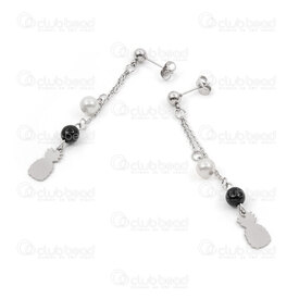 4007-0102-98 - Stainless Steel Earring Pineapple 13x5.5mm imitation pearl 6mm white and black on chain natural 1 pair 4007-0102-98,Ana,montreal, quebec, canada, beads, wholesale
