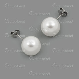 4007-0103-104 - Stainless Steel 304 Earring Stud with Acrylic Pearl 12mm White Round Natural 6pcs (3pairs) 4007-0103-104,Finished jewelry,montreal, quebec, canada, beads, wholesale
