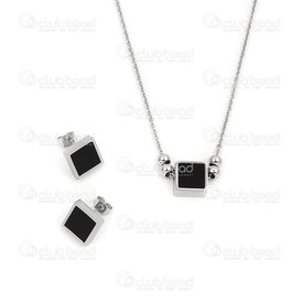 4007-0104-48 - Acier Inoxydable Ensemble Collier et Boucle d'Oreille Carré Acrylique Noir Bille Rond Naturel 1 Ensemble 4007-0104-48,Bille carre noir,montreal, quebec, canada, beads, wholesale