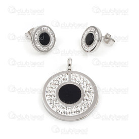 4007-0104-70 - Stainless Steel Pendant and Earring Set Round Rhinstone Rows 1 set 4007-0104-70,Finished jewelry,montreal, quebec, canada, beads, wholesale