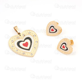 4007-0104-74GL - Stainless steel earring and pendant set Heart with rhinestone 29x28.5mm, 15x15mm Gold 1set 4007-0104-74GL,Finished jewelry,Stainless steel,montreal, quebec, canada, beads, wholesale