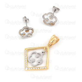 4007-0104-90 - Stainless Steel Set Pendant Flower 24x22mm Earring Flower 11x11mm Natural-Gold Rhinstone 1Set 4007-0104-90,Stainless Steel Earring,montreal, quebec, canada, beads, wholesale