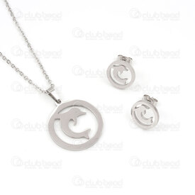 4007-0105-28 - Stainless steel earring and necklace set Dolphin in circle 21.5mm, 11.5mm Natural 1set 4007-0105-28,New Products,montreal, quebec, canada, beads, wholesale