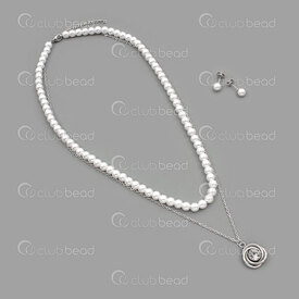 4007-0105-72 - Acier Inoxydable Ensemble Collier Double et Boucle d'Oreille Bille Acrylique Rond 6mm Blanc 16po Chaine Forcat 20po avec Breloque Tourbillon Zircon Cubique Cristal 16mm et Boucle d'Oreille Tige 6mm Naturel 1 Ensemble 4007-0105-72,Billes acrylique,montreal, quebec, canada, beads, wholesale